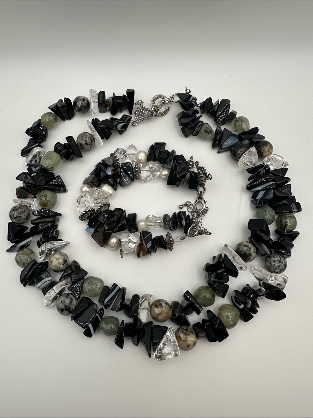 Multi-Stone Black and Clear Beaded Necklace and Bracelet Set
